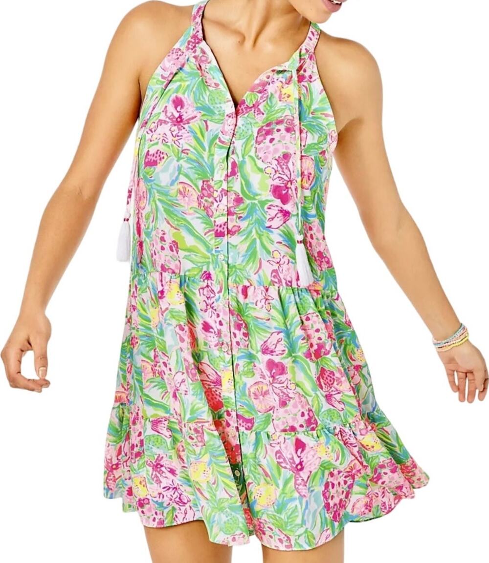 Lilly Pulitzer Lileeze Halter Swing Dress Mini Tassel Tie Summer Green Pink S